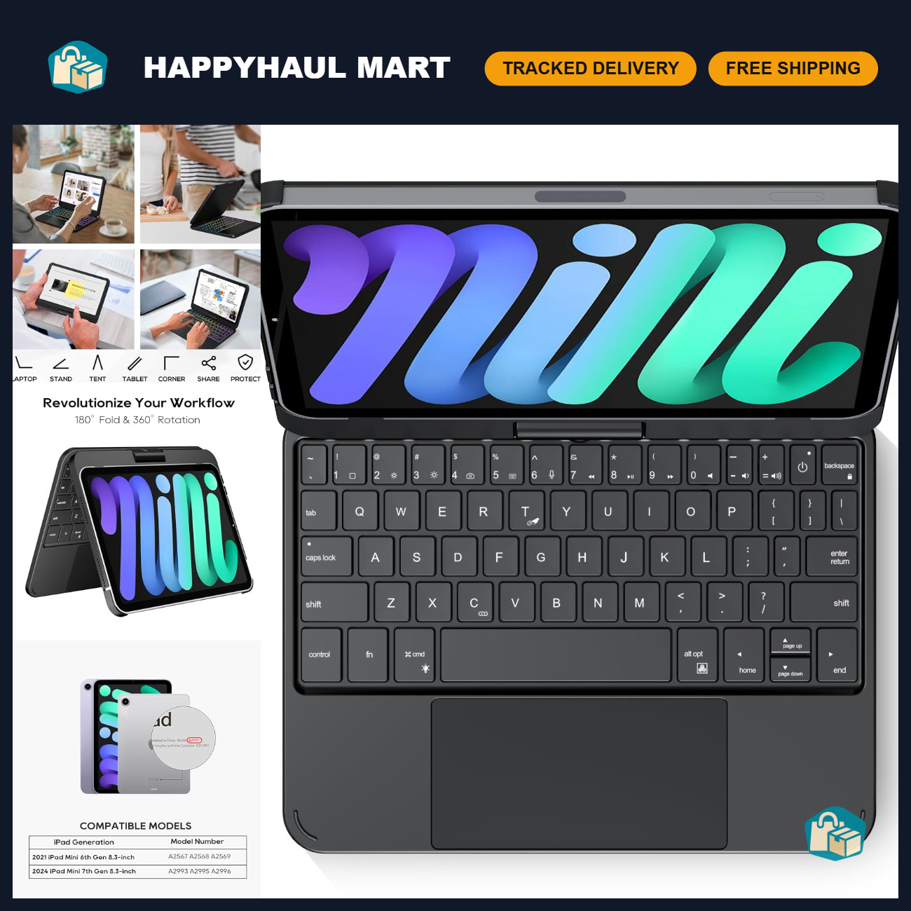 Swivel Keyboard Case for iPad Mini 7th & 6th Gen - Black, Adjustable Stand, Slim