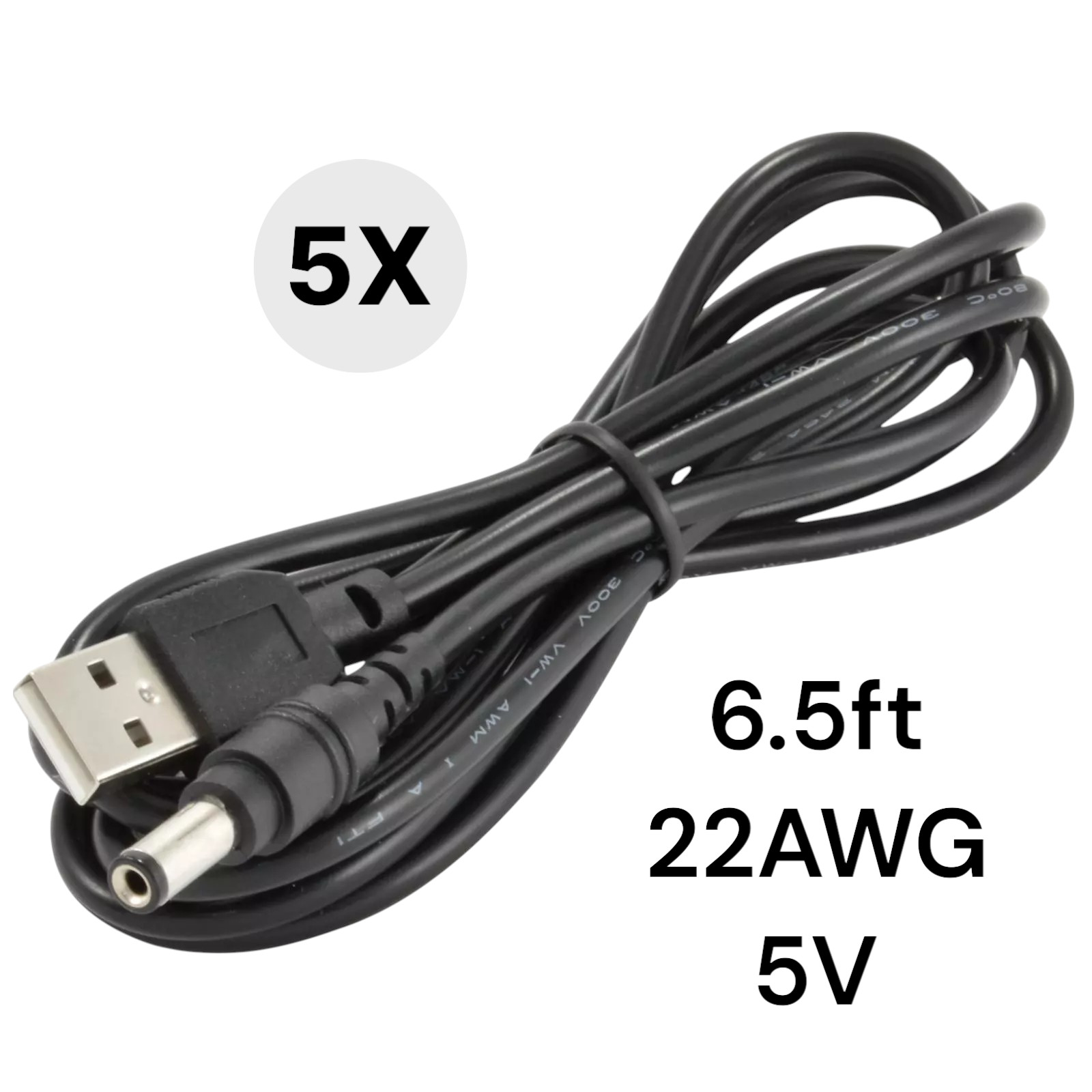 5X USB Male to 5.5mm x 2.1mm Barrel 5V DC Power Cable, High Quality 22AWG, 6.5ft