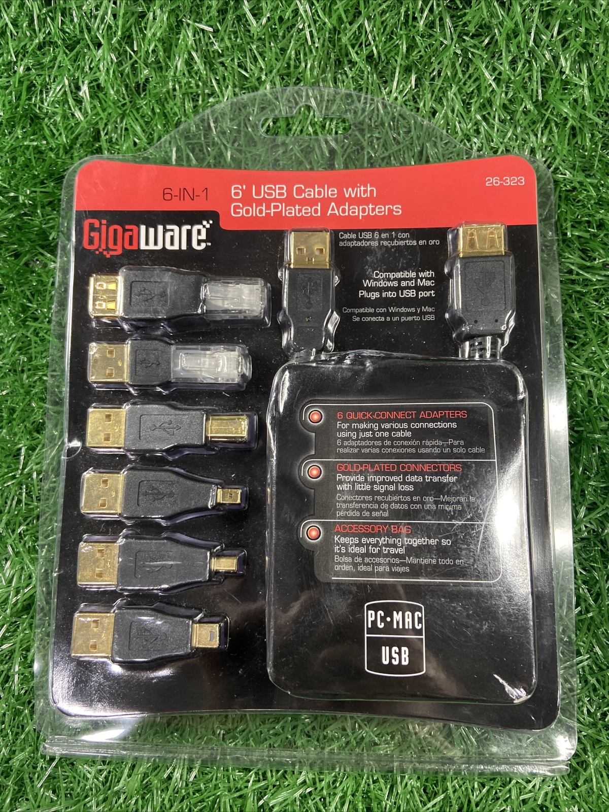 NEW GIGAWARE 6-IN-1 USB CABLE WITH GOLD PLATED ADAPTERS-PC-MAC