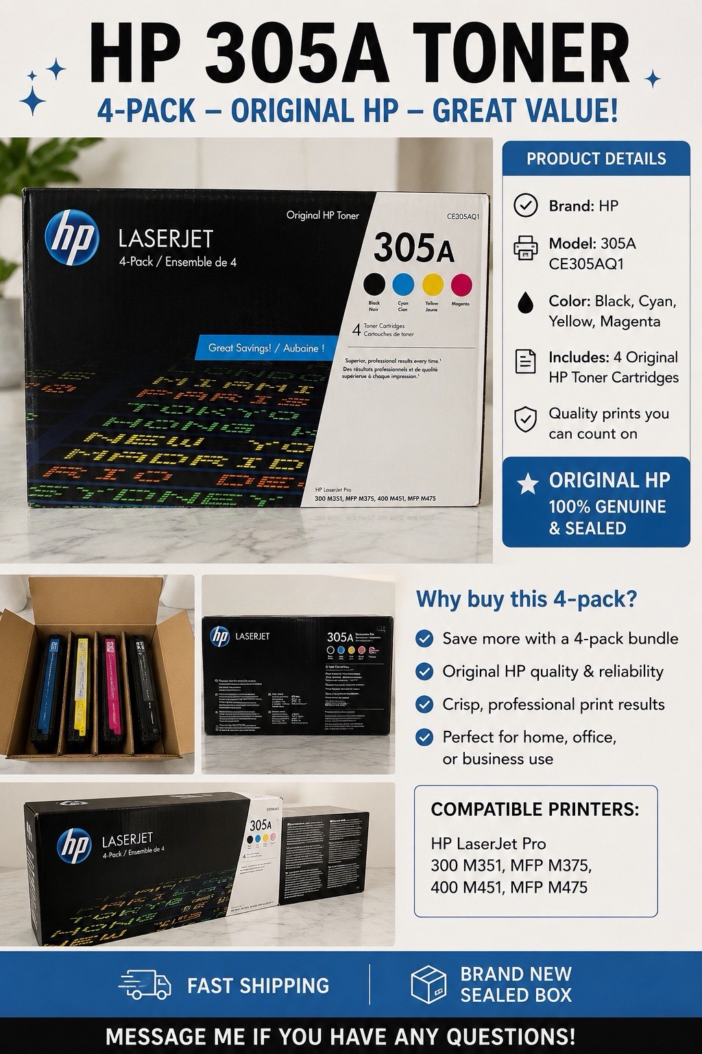 HP LaserJet 305A Toner Genuine Original, 4-Pack, Black, Cyan, Magenta, Yellow