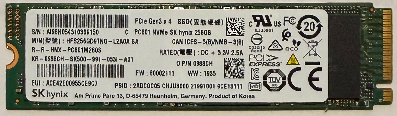 SK Hynix PC601 NVMe 256GB Gen3 x4 PCI SSD - HFS256GD9TNG-L2A0A-BA