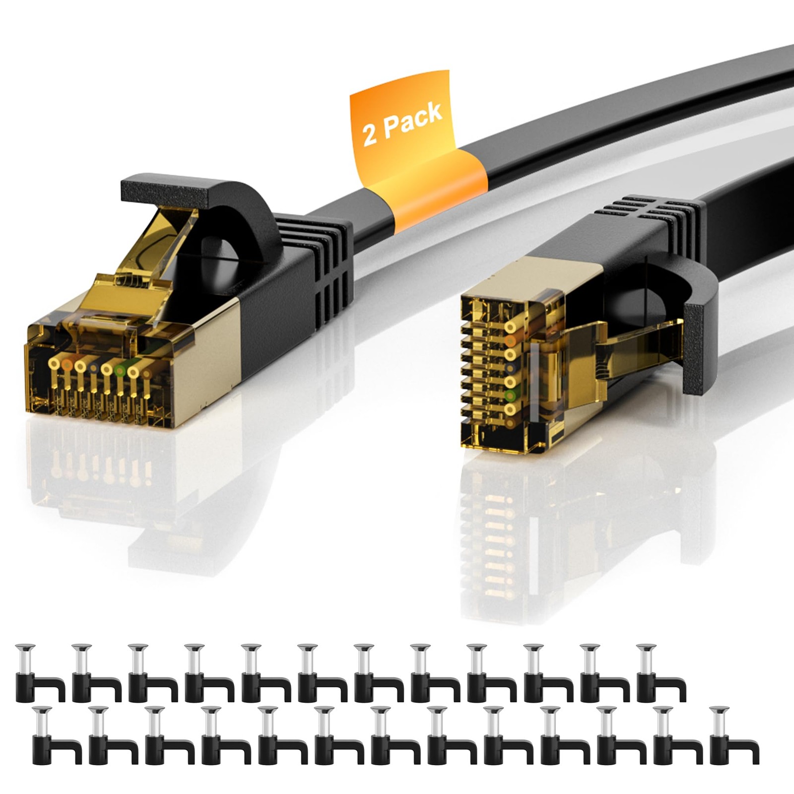 Cat 7 Ethernet Cable 15 FT Flat Shielded 10Gbps 600MHz RJ45 Black 2 PCS
