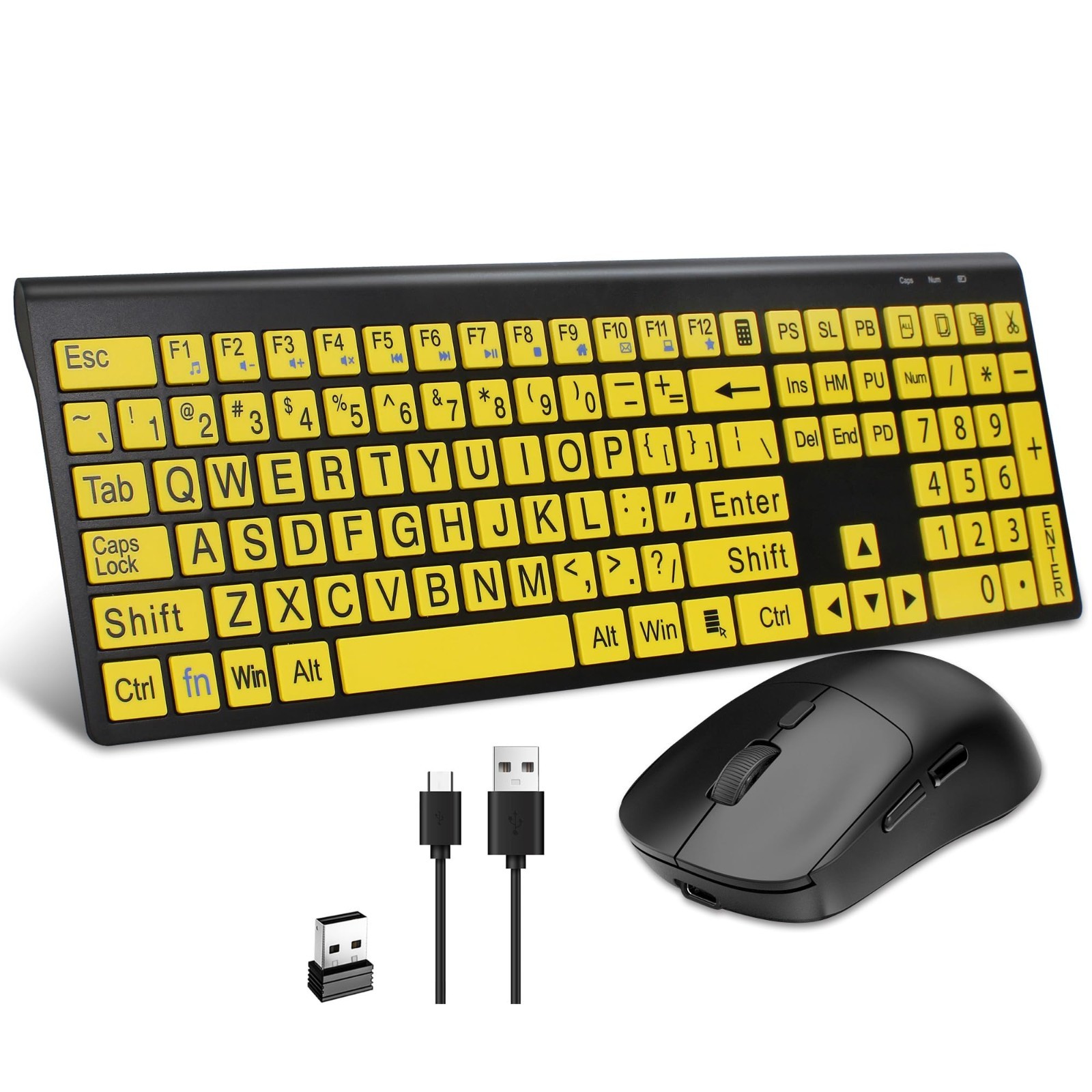 Wireless Large Print Keyboard & Mouse Set - Rechargeable, Quiet Scissor Switch,
