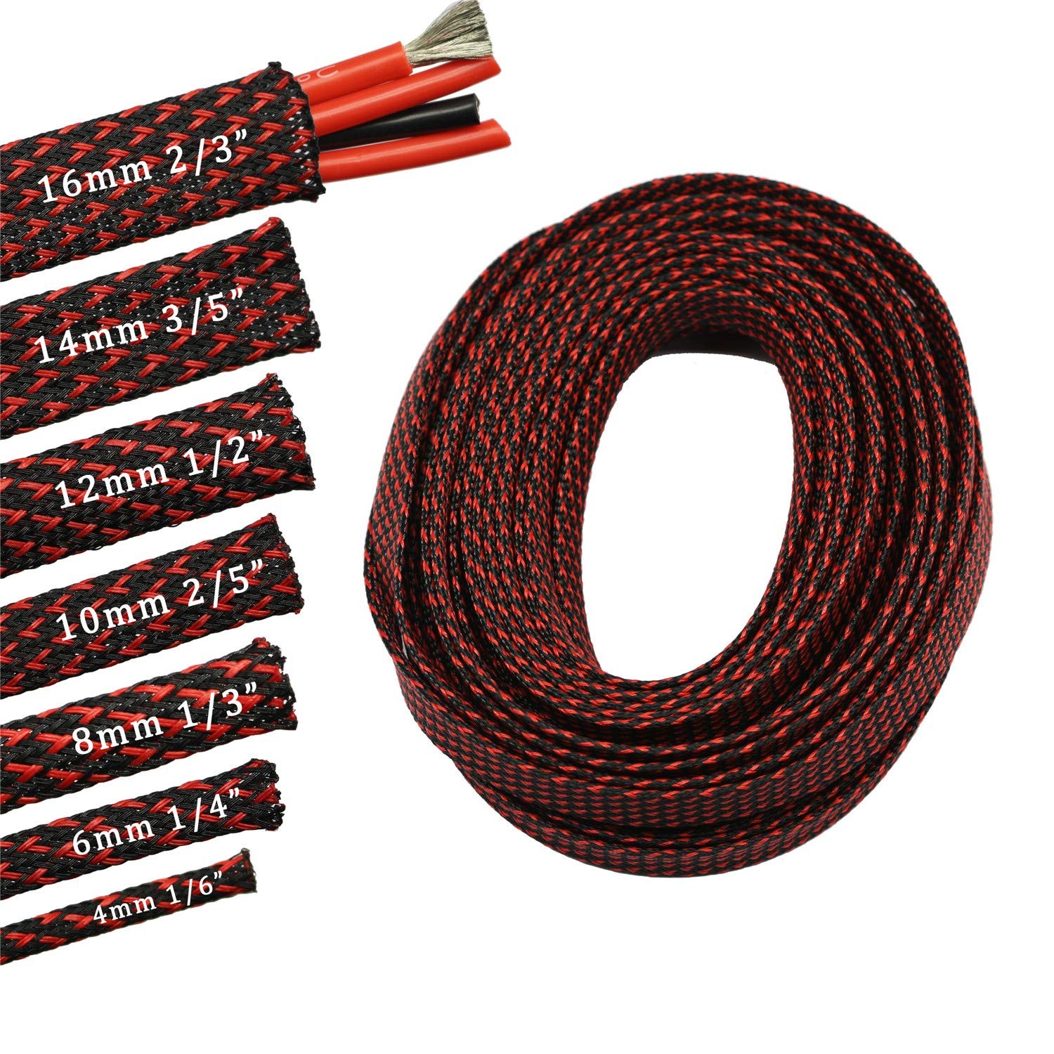 30ft PET Expandable Sleeving Wire Cable Sleeve (1/6", Red&Black)