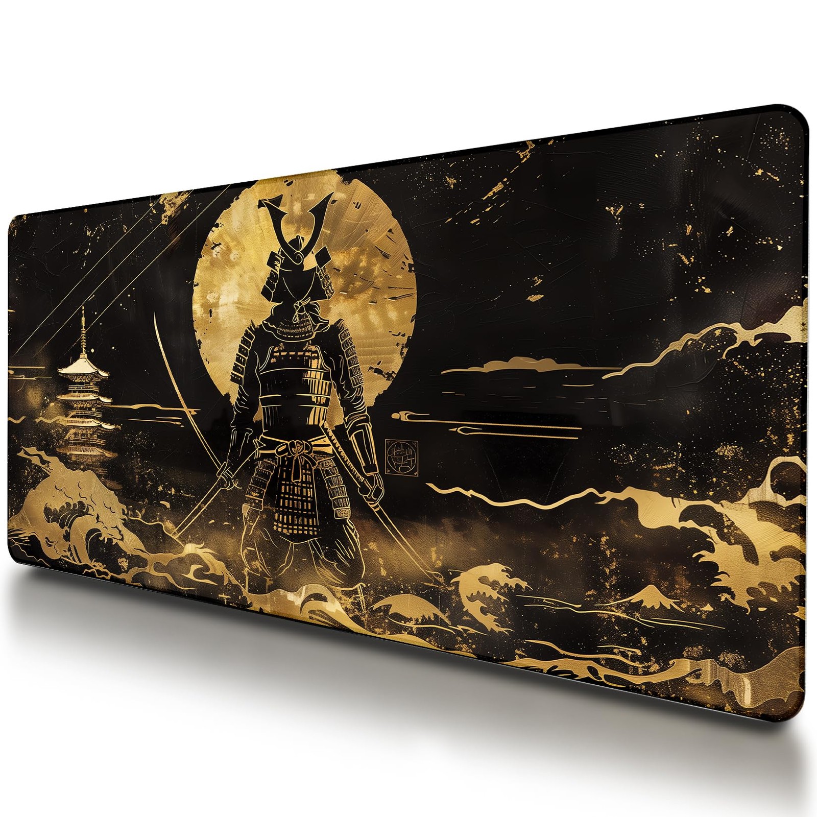 Large Japanese Black and Gold Gaming Mouse Pad, Sea Waves, Premium Non-Slip A...