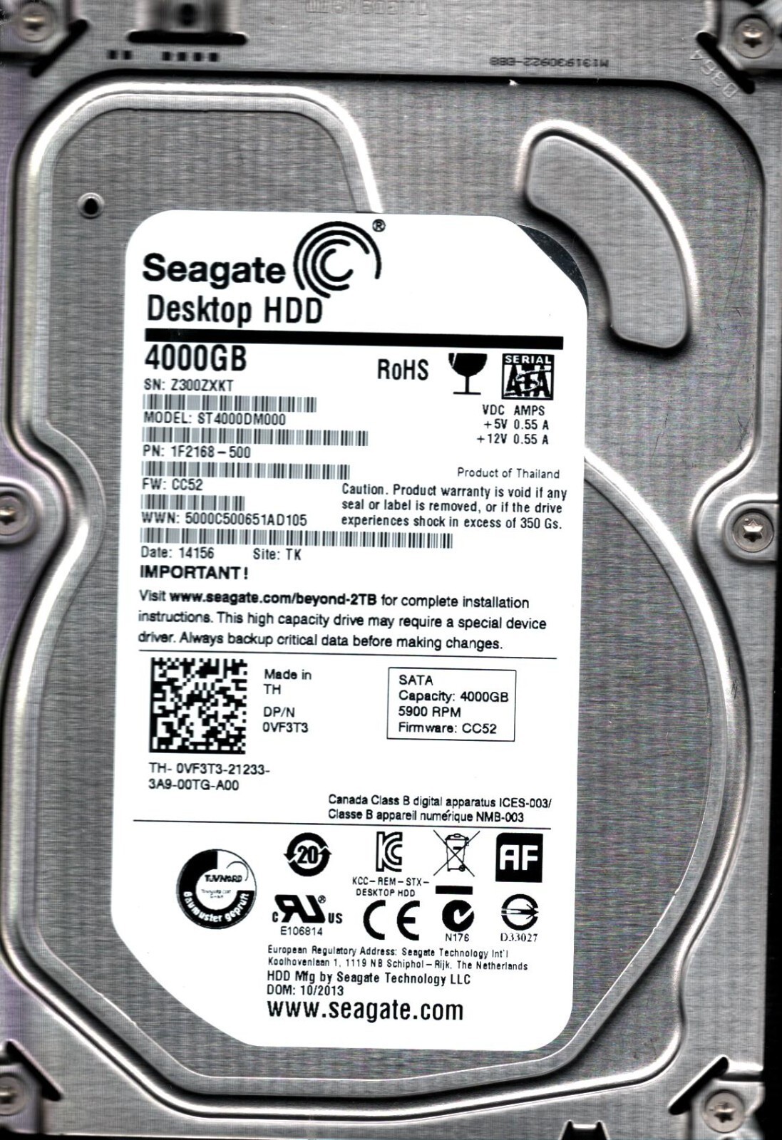 ST4000DM000 P/N: 1F2168-500 F/W: CC52 S/N: Z300 TK 4TB OCT 2013 THAILAND SEAGATE