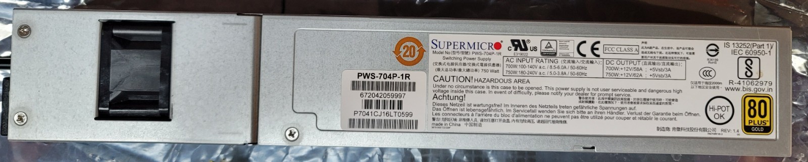 Supermicro 700W/750W 1U Redundant Power Supply Module (PWS-704P-1R)