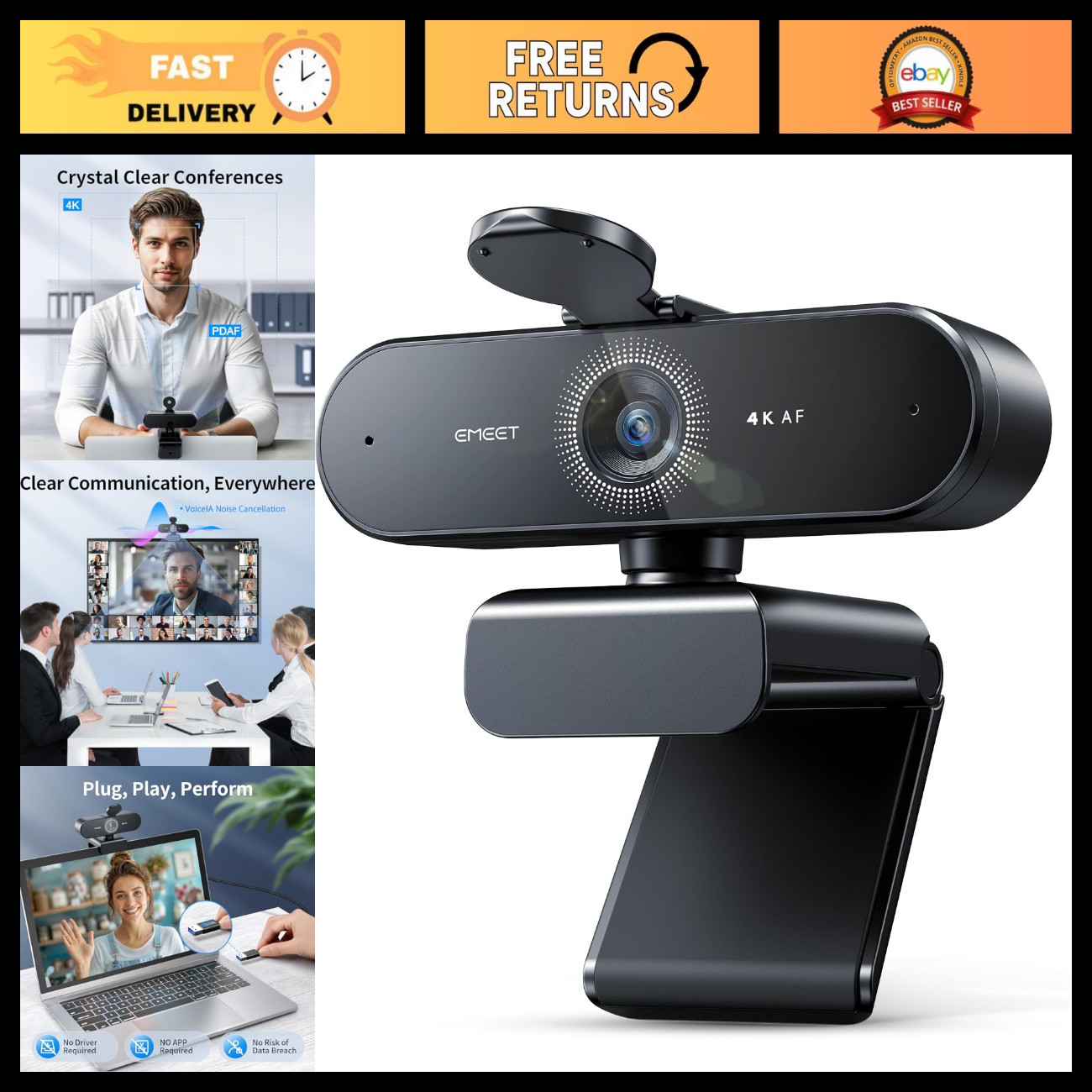 4K HD Webcam for PC, Ultra Clear Video, PDAF Autofocus, Dual Microphones, Stream