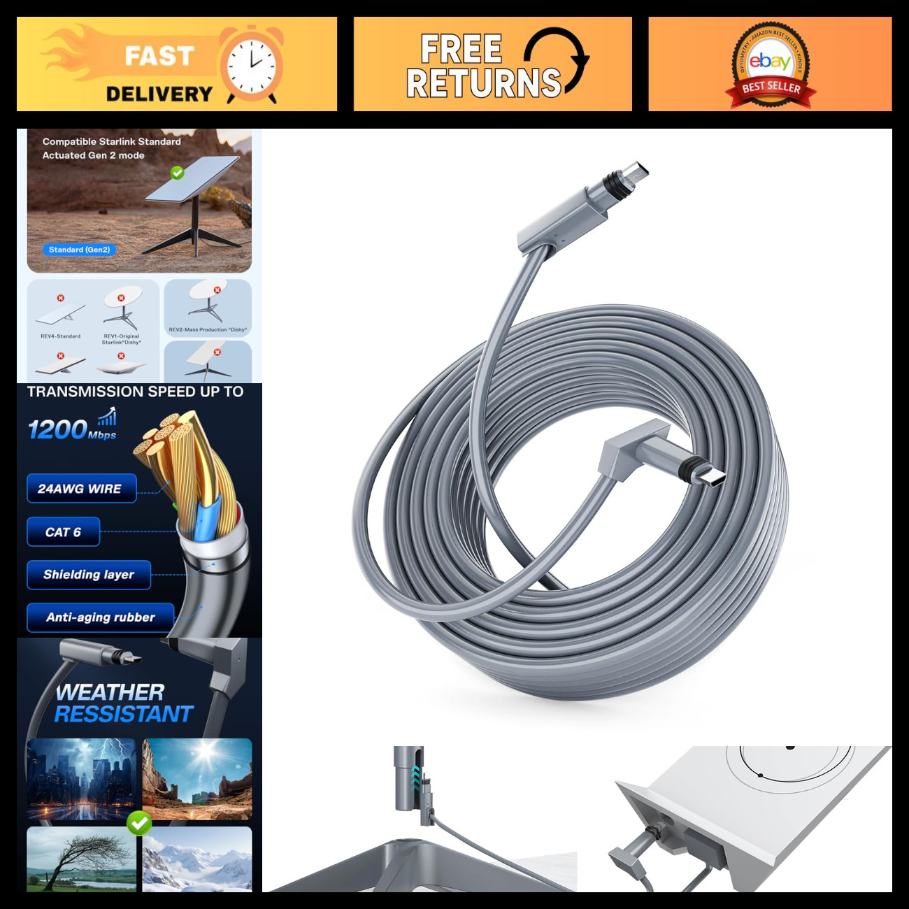 150FT Waterproof Extension Cable for Starlink Gen 2 - Durable High-Speed Cord