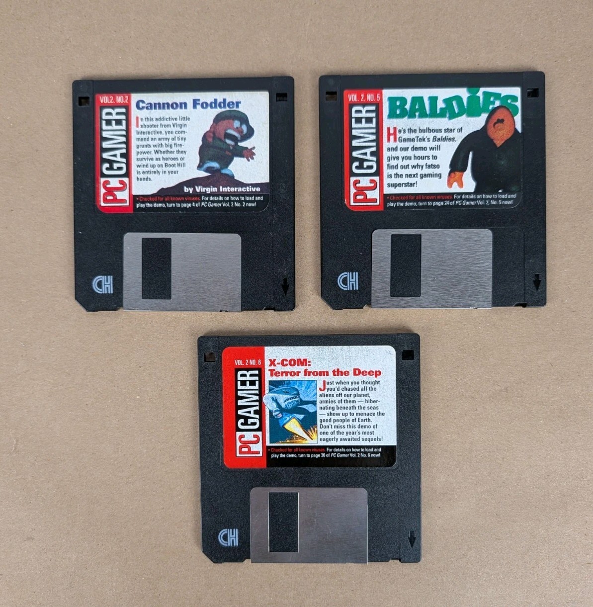 Vintage Lot 3 PC GAMER 3.5” Floppy Demo Disk Vol. 2 X-Com Cannon Fodder Baldies