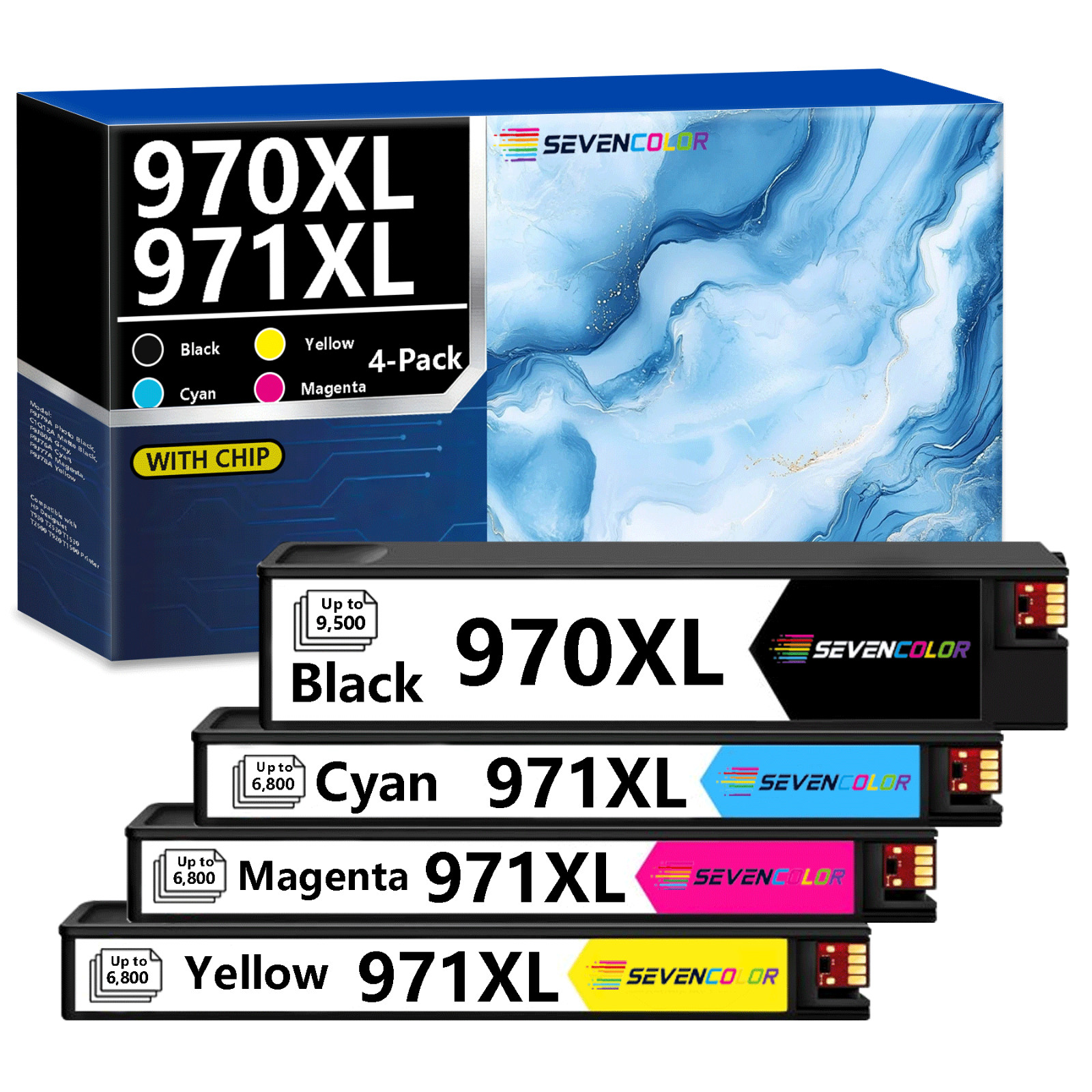 970XL & 971XL High Yield Ink Cartridge Combo Pack | 4-Pack, BK/C/M/Y