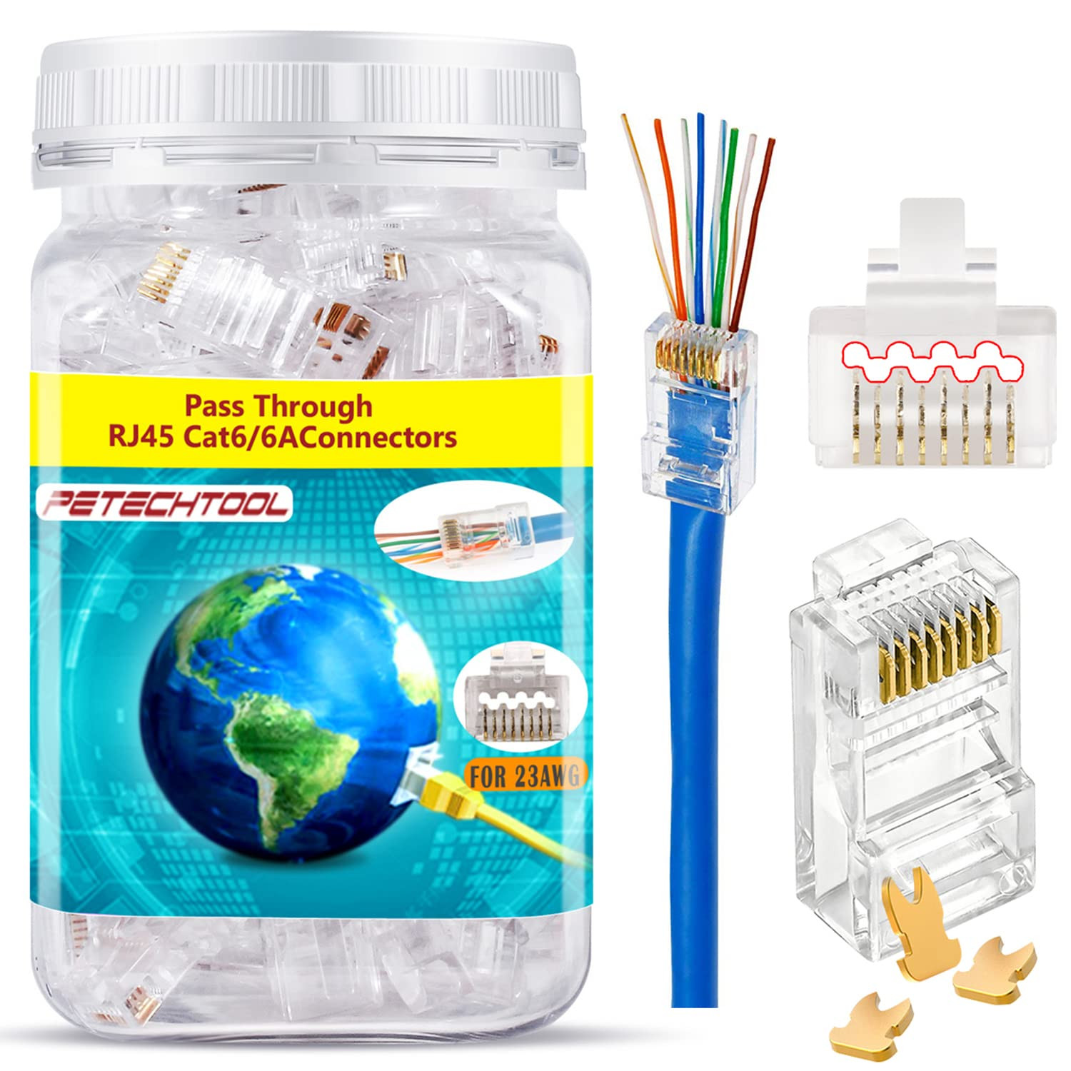 Gold Plated RJ45 Cat6A Pass-Through Ethernet Connectors - 100 Pack