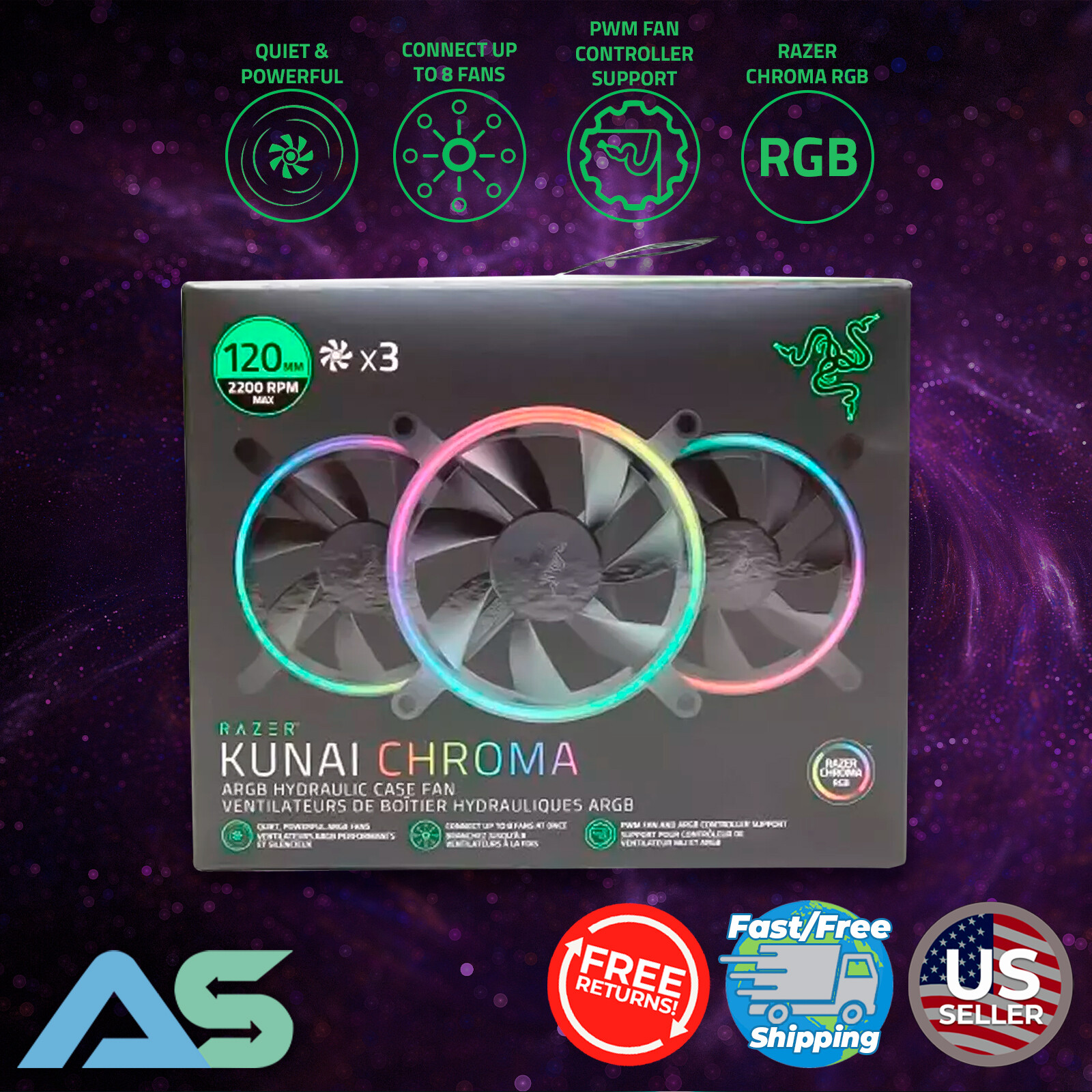 Razer Kunai Chroma 120mm 2200RPM Max ARGB and PWM Hydraulic Case Fans (3 Fans)