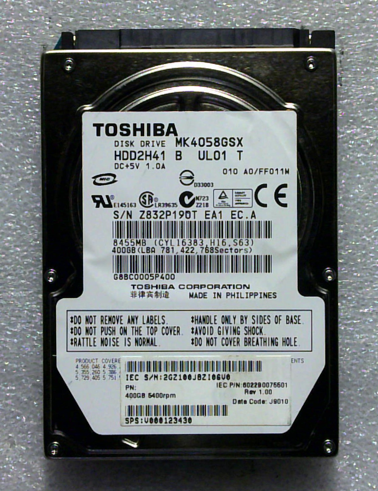 Toshiba - MK4058GSX - 400GB - HDD2H41 B UL01 T - SN: Z832P19OTEA1