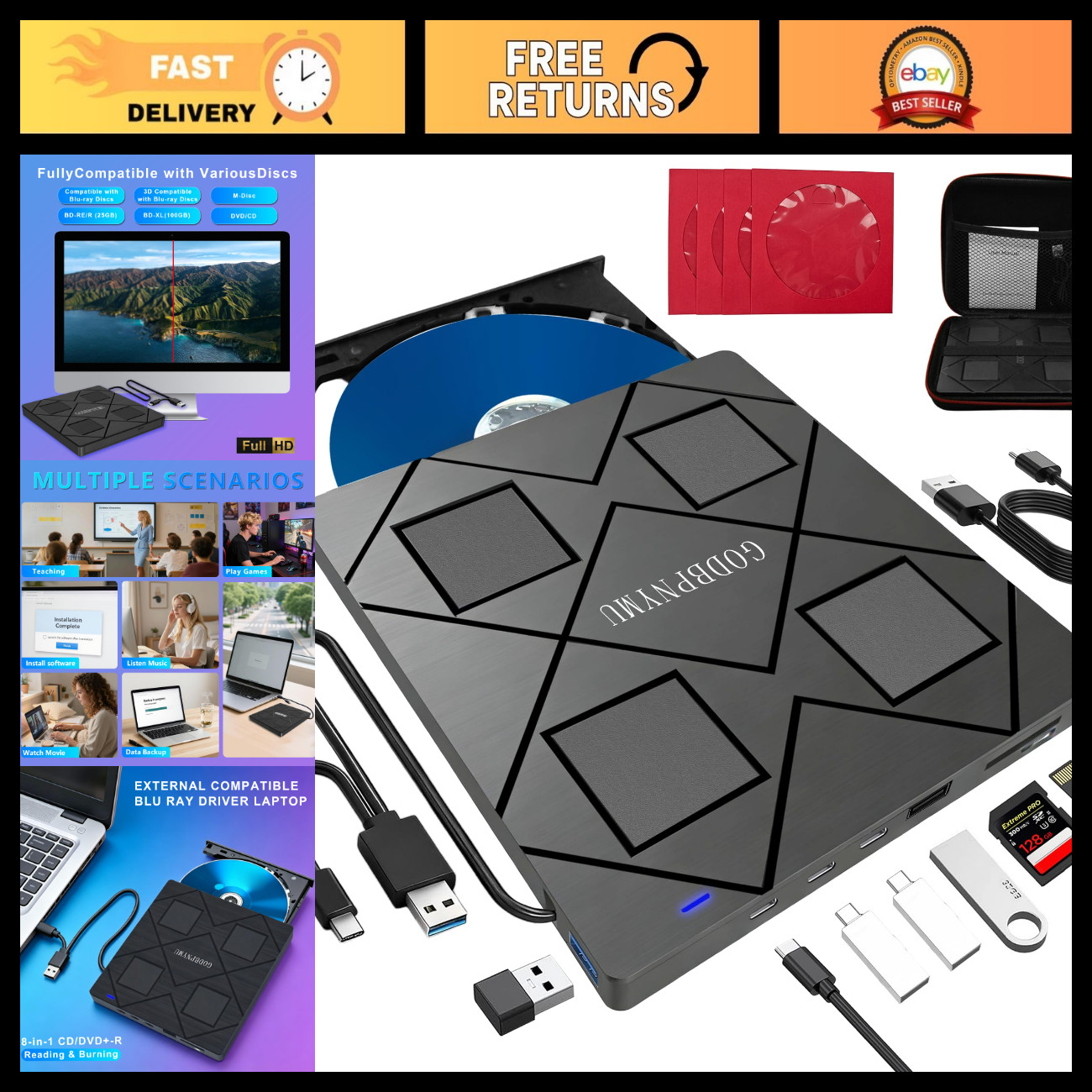 8-in-1 External Blu-ray/DVD Drive for PC, USB 3.0, High-Speed Data Transfer, Por