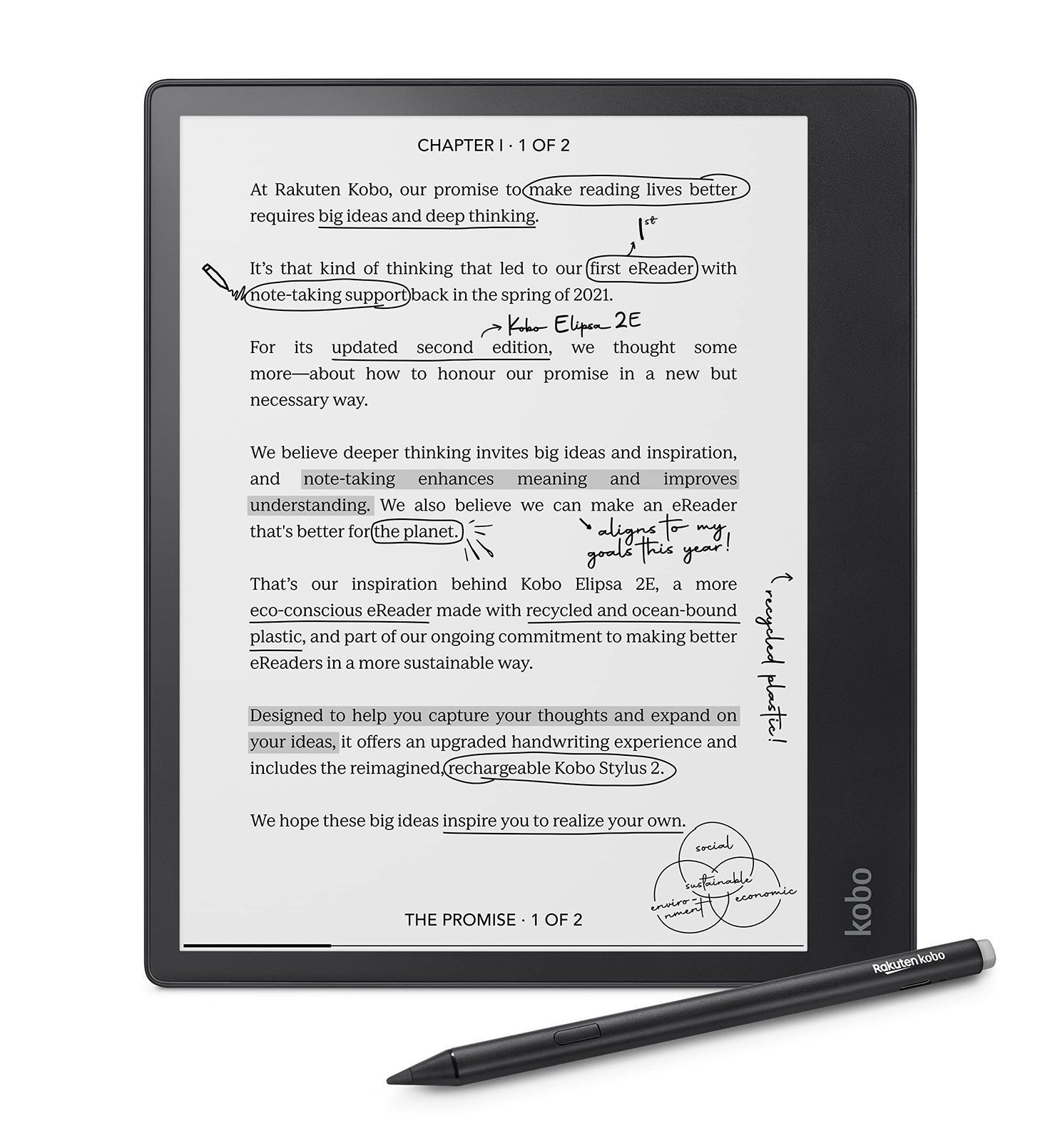 Kobo Elipsa 2E eReader 32GB 10.3" Touchscreen ComfortLight PRO w/ Kobo Stylus 2