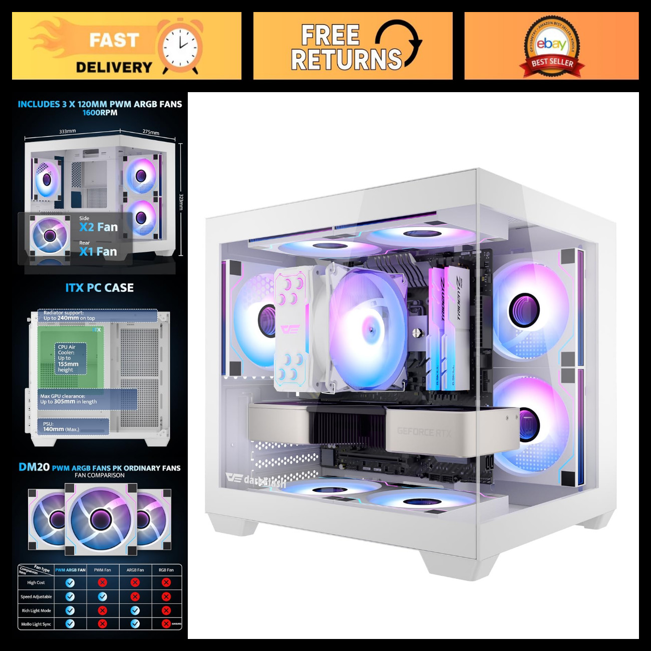 Mini ITX PC Case with Dual Tempered Glass, 3 ARGB Fans, Supports 240mm AIO - Whi