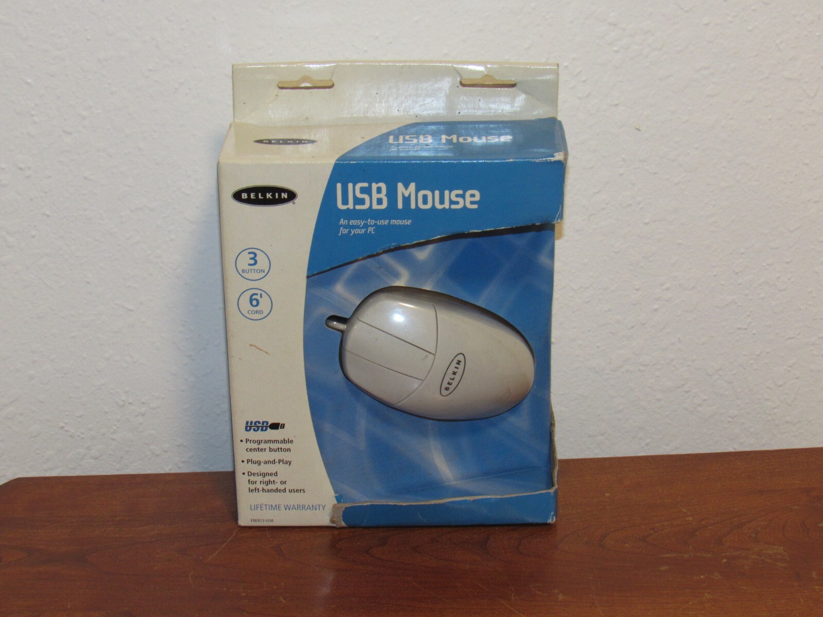 Vintage Belkin USB Mouse F8E813-USB 3 Button Programmable Plug & Play White *NIB
