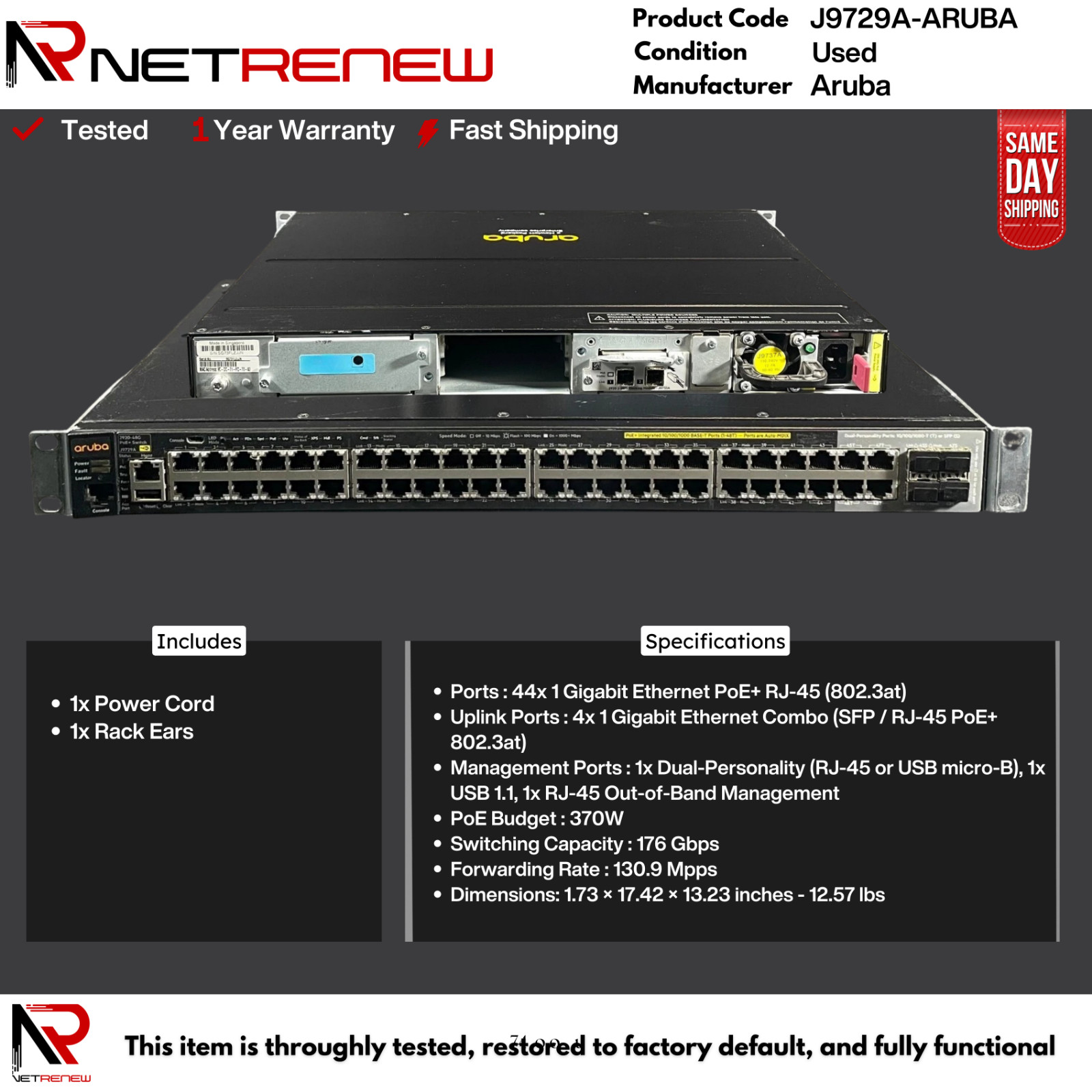 HP J9729A-ARUBA 48 Port PoE+ GbE Switch