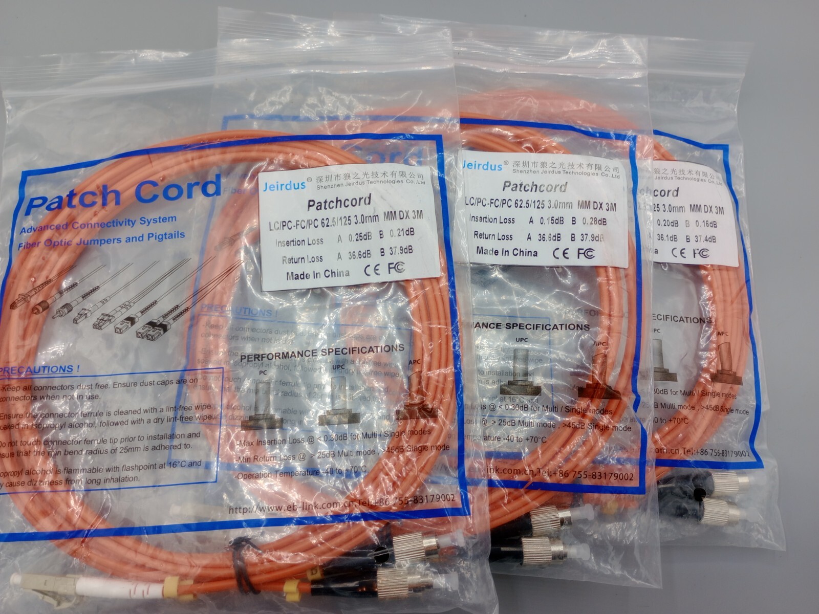 Lot of 3 - Jeirdus Patchcord LC/PC-FC/PC 62.5/125 3.0mm MM DX 3M