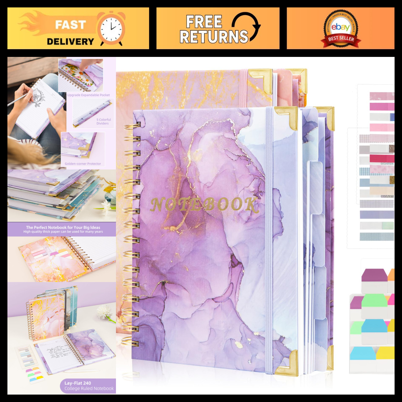 240 Pages A5 Spiral Notebook, 5 Subject Lined Journal for School & Office, Purpl