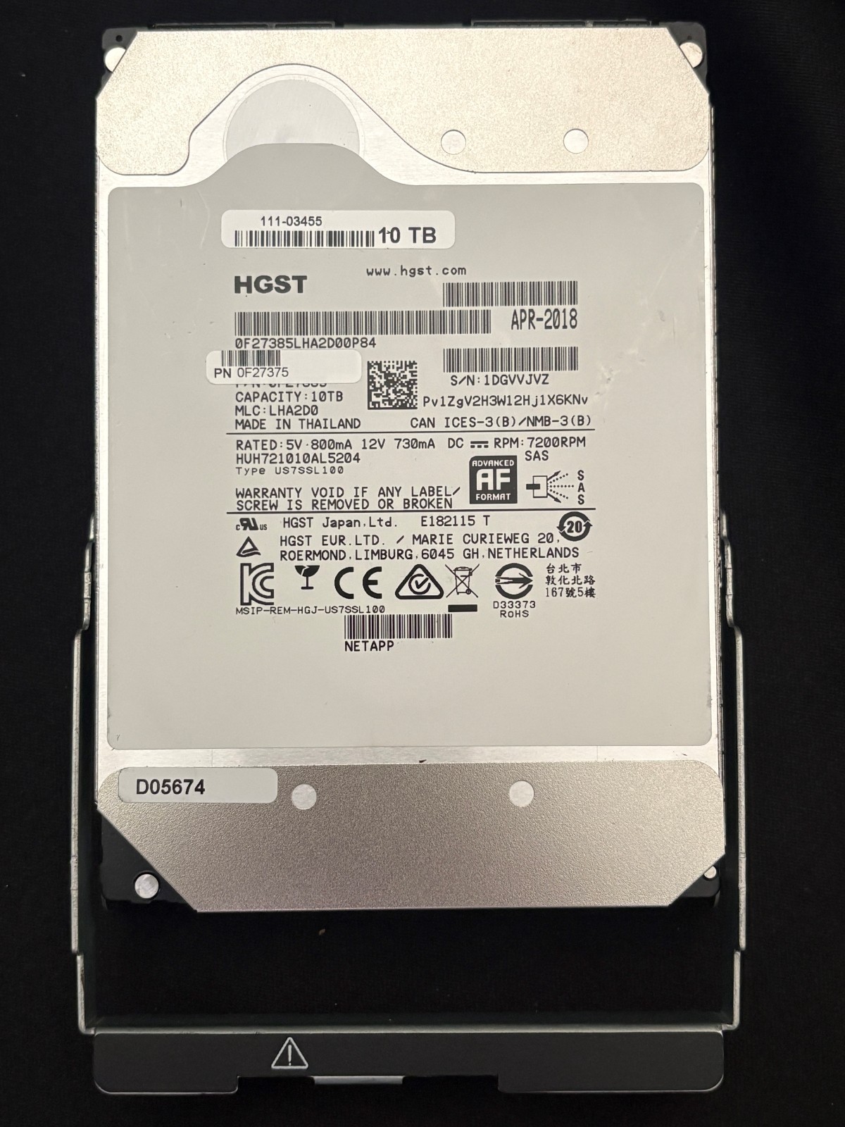 NetApp HUH721010AL5204 10TB SAS Disk Drive - PI2 - 6Gbps - 0F27375 - 7200RPM