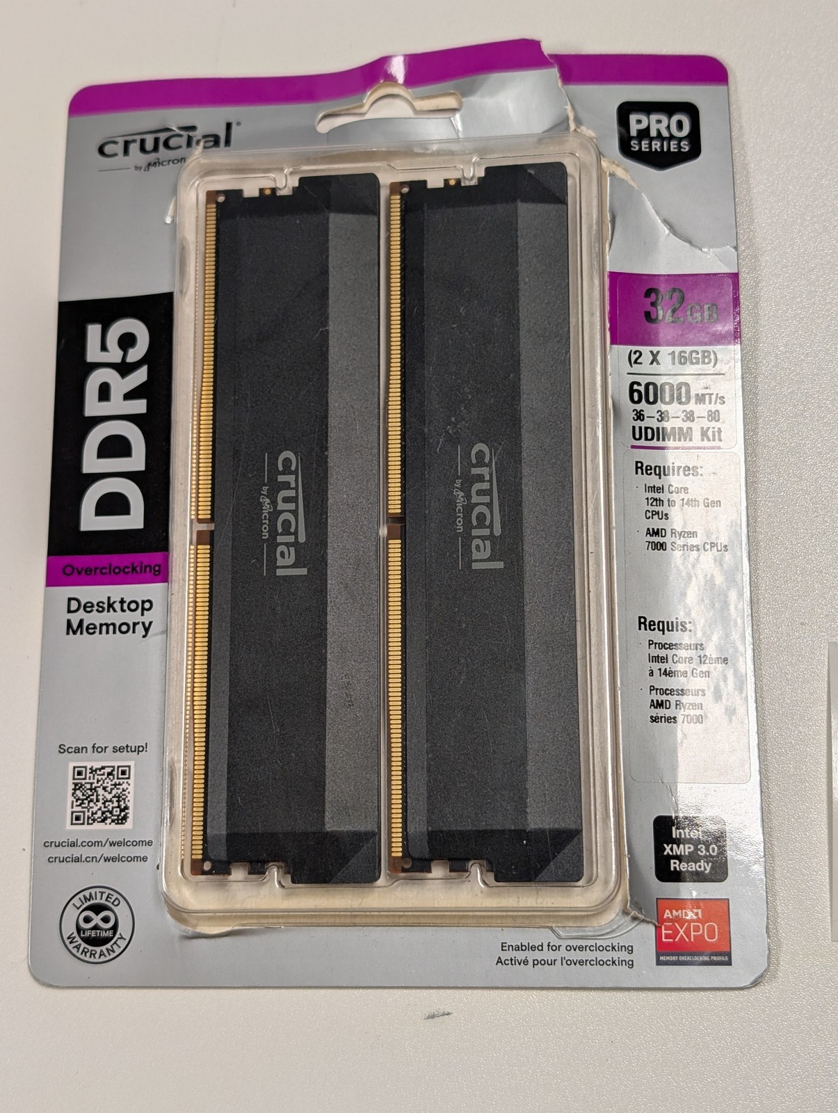 Crucial Pro Overclocking 32GB 2x16GB DDR5 6000 CL36 XMP EXPO UDIMM