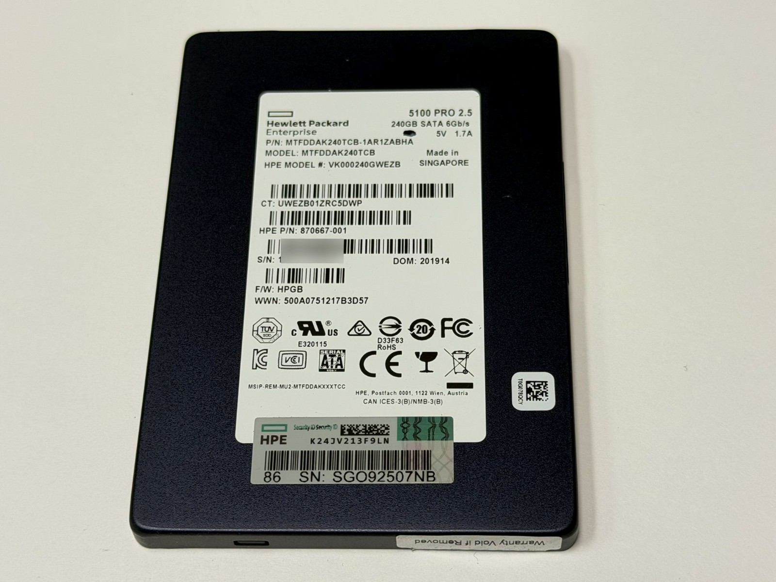 HP 240GB Enterprise 5100 PRO 2.5" SATA SSD Solid State Drive MTFDDAK240TCB