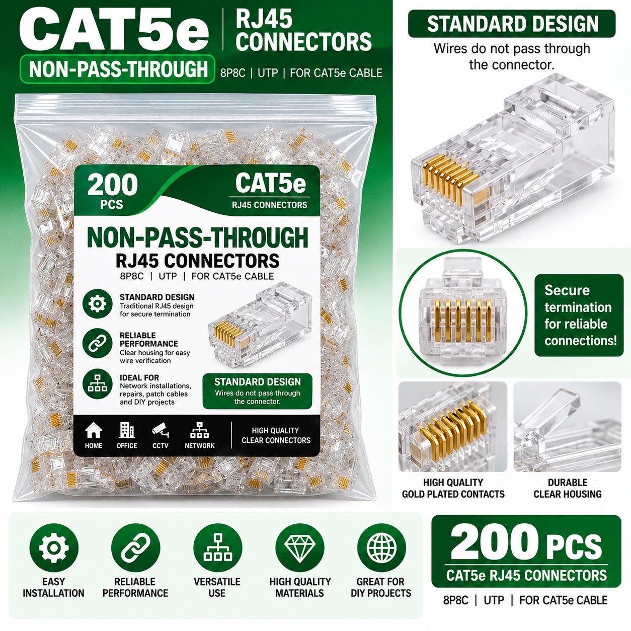 200 Pack Cat5e RJ45 Non-Pass Through Connectors 8P8C UTP Ethernet Plugs