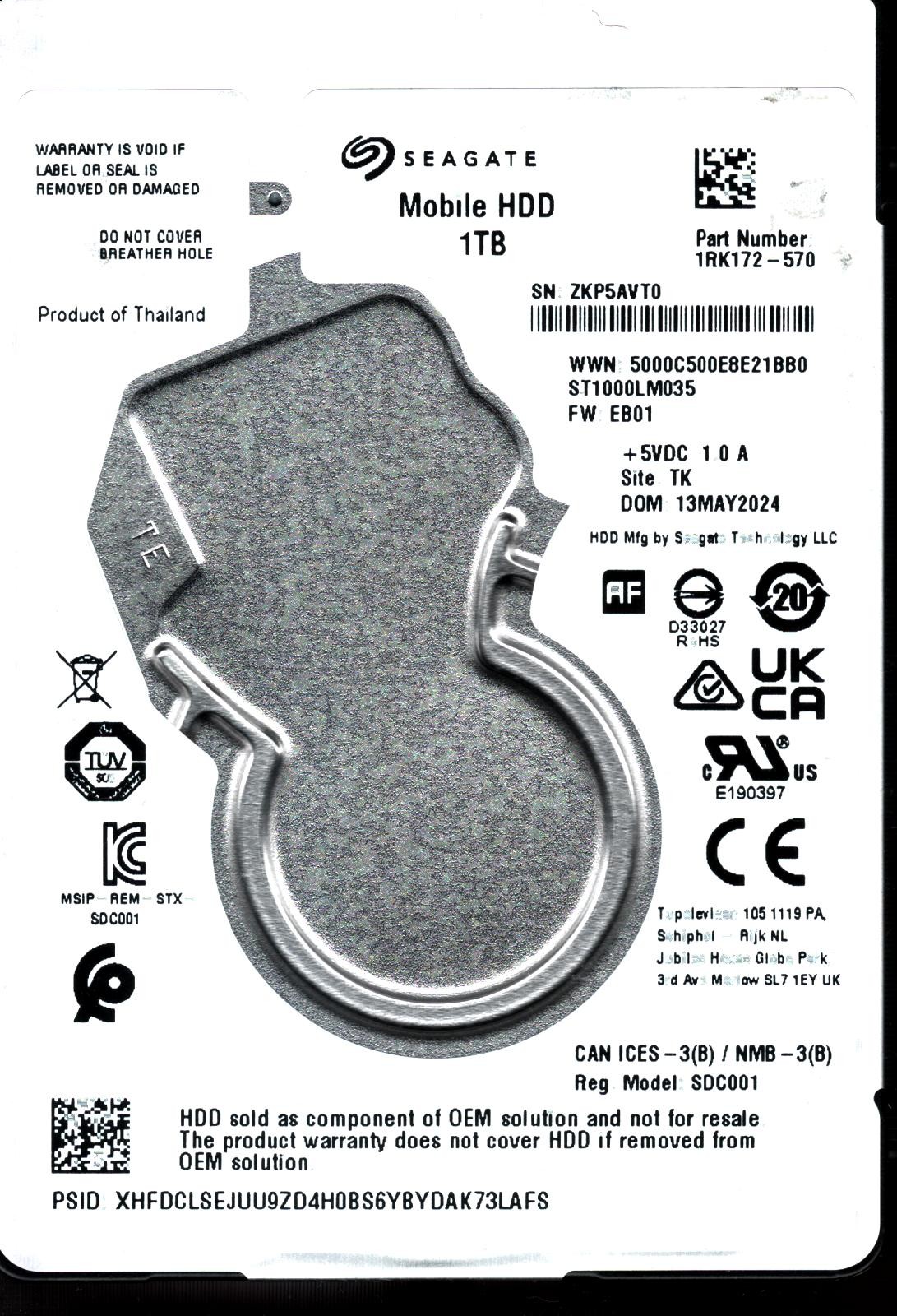 ST1000LM035 P/N: 1RK172-570 F/W: EB01 S/N: ZKP5A 1TB MAY 2024 THAILAND SEAGATE
