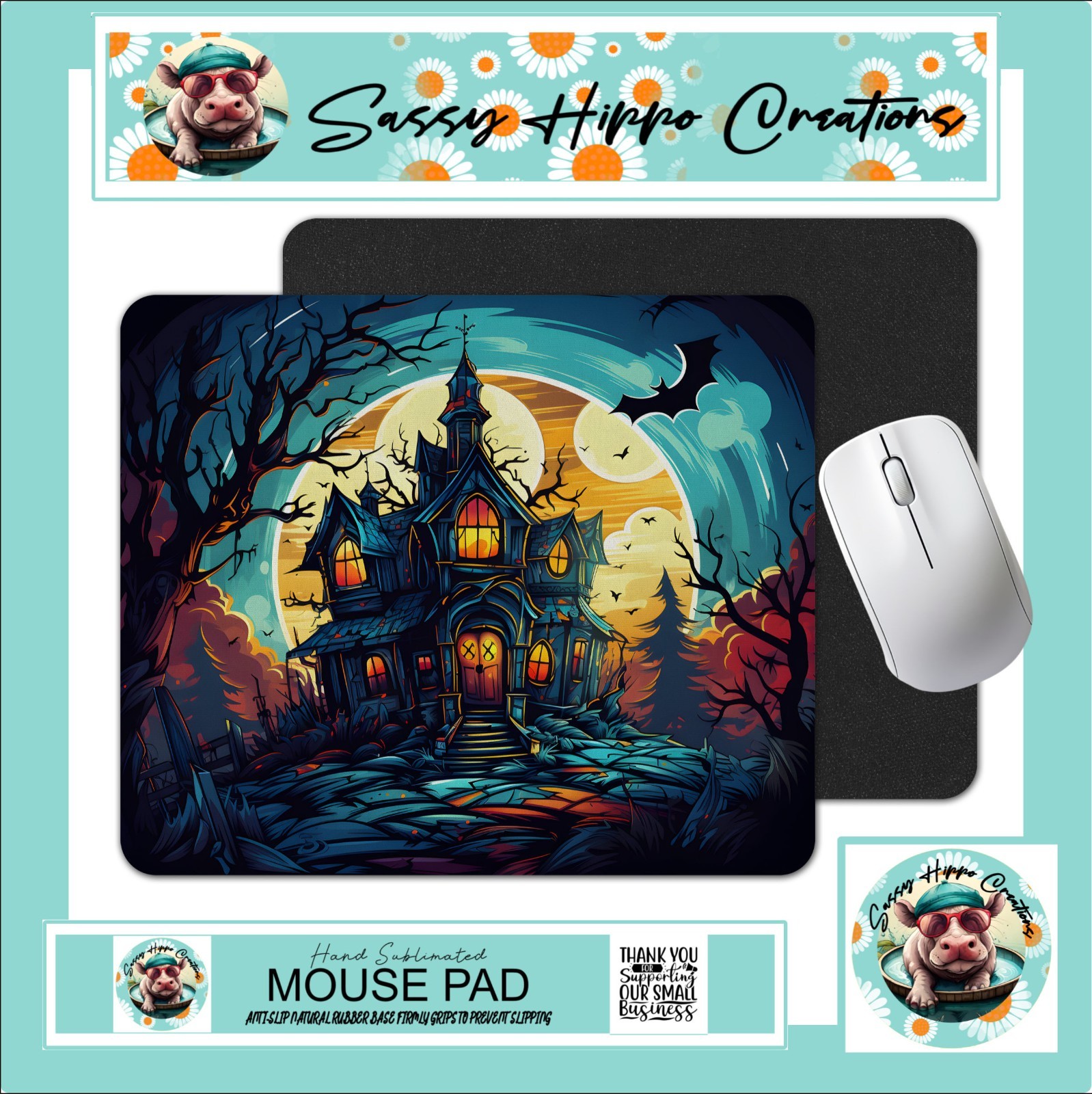 Mouse Pad Spooky Haunted House Happy Halloween Anti Slip Back Easy Clean