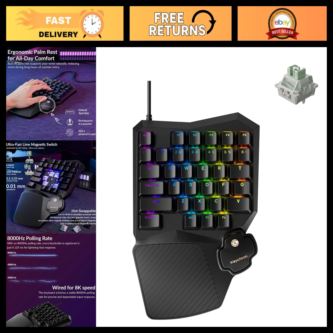 Wired One-Handed Gaming Keypad, 8K Response, Hall Effect Switches, RGB Lighting,