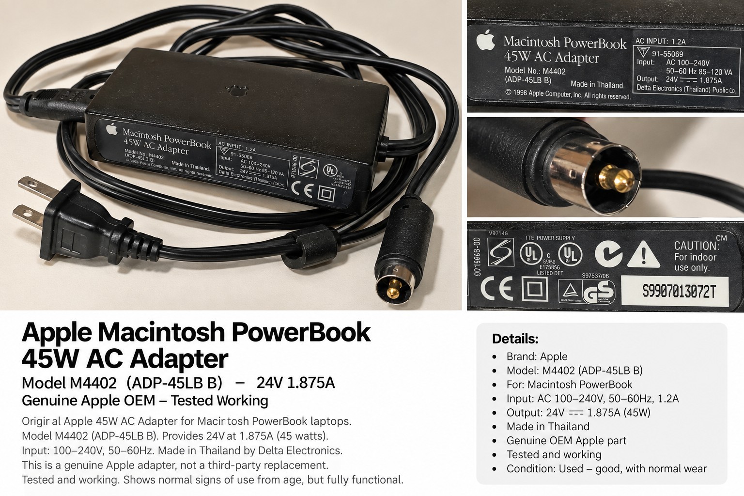 Vintage Apple M4402 Black 24V 45W AC Power Adapter for Macintosh PowerBook OEM