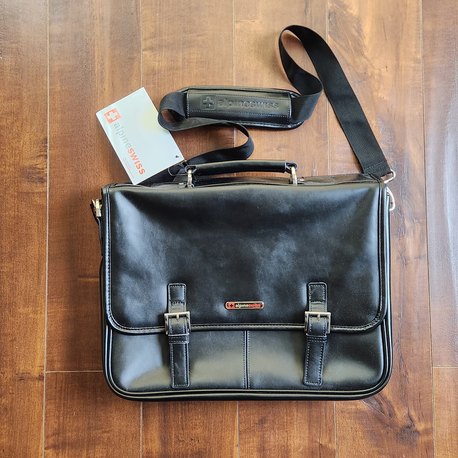 Alpine Swiss AS-9525 Black Genuine Leather Messenger Laptop Bag Shoulder Strap