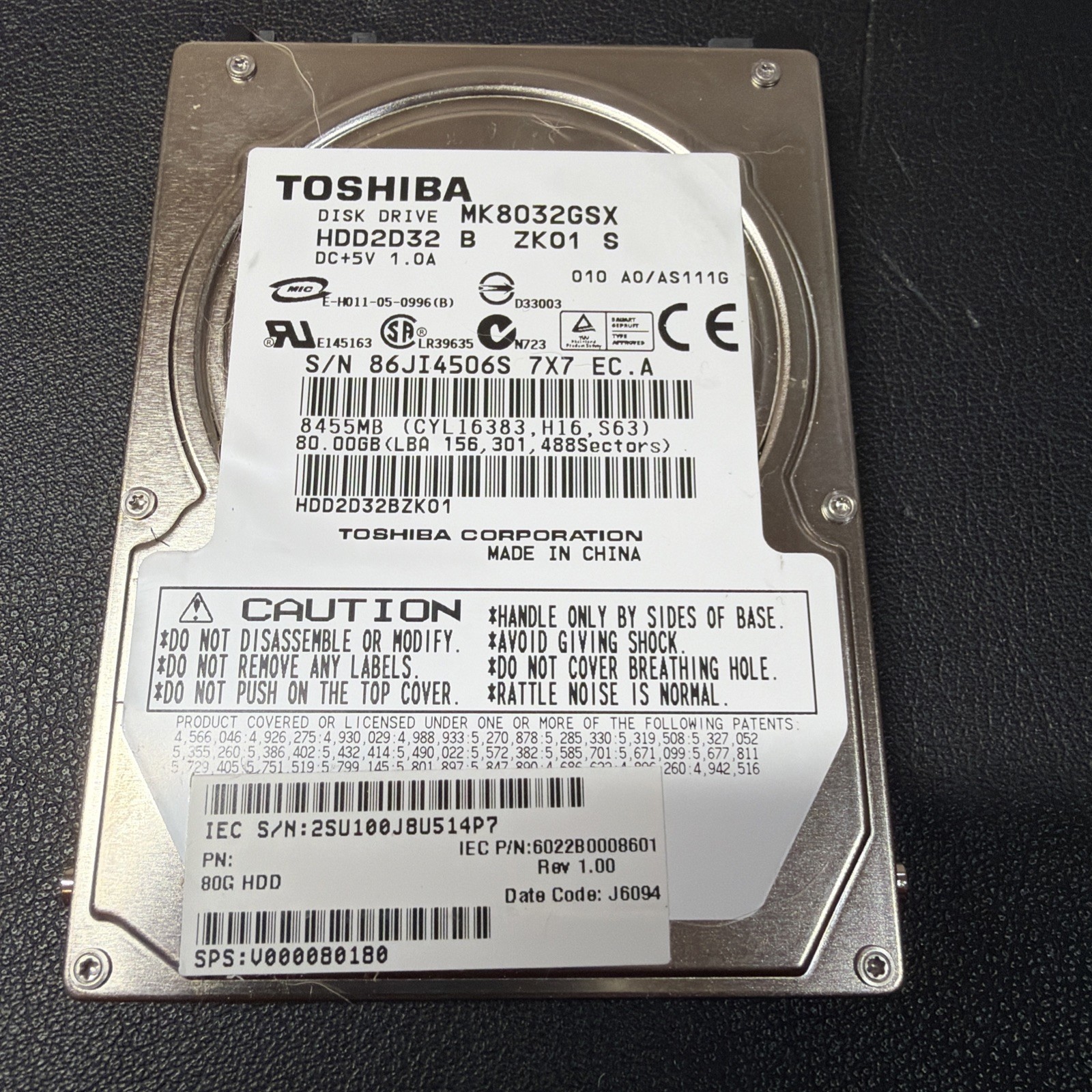 Toshiba MK8046GSX HDD2D93 80GB Internal SATA 2.5" HDD Hard Drive