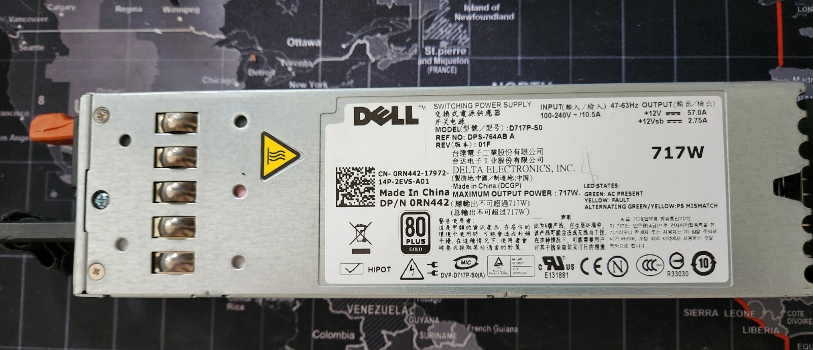 Dell 717W Power Supply 80+ Gold DPS-764AB A / D717P-S0 – DP/N 0RN442