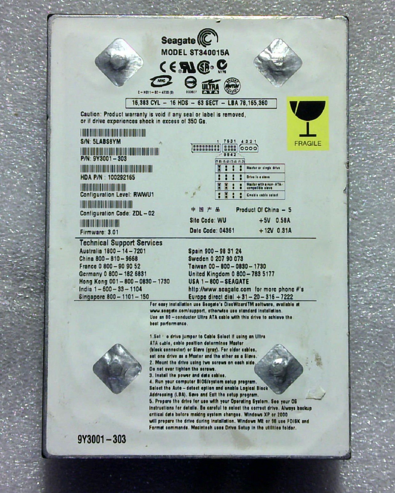 Seagate Barracuda - ST340015A - 40GB - 9Y3001-303 - SN: 5LABS8YM