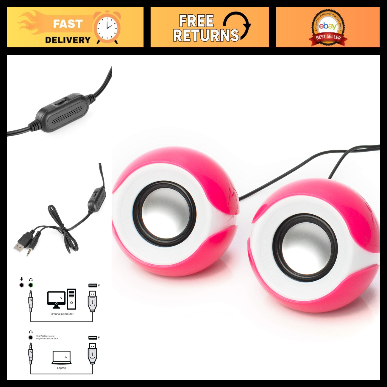 Compact USB Powered Stereo Speakers - 8W Output, Volume Control, Pink Audio Syst
