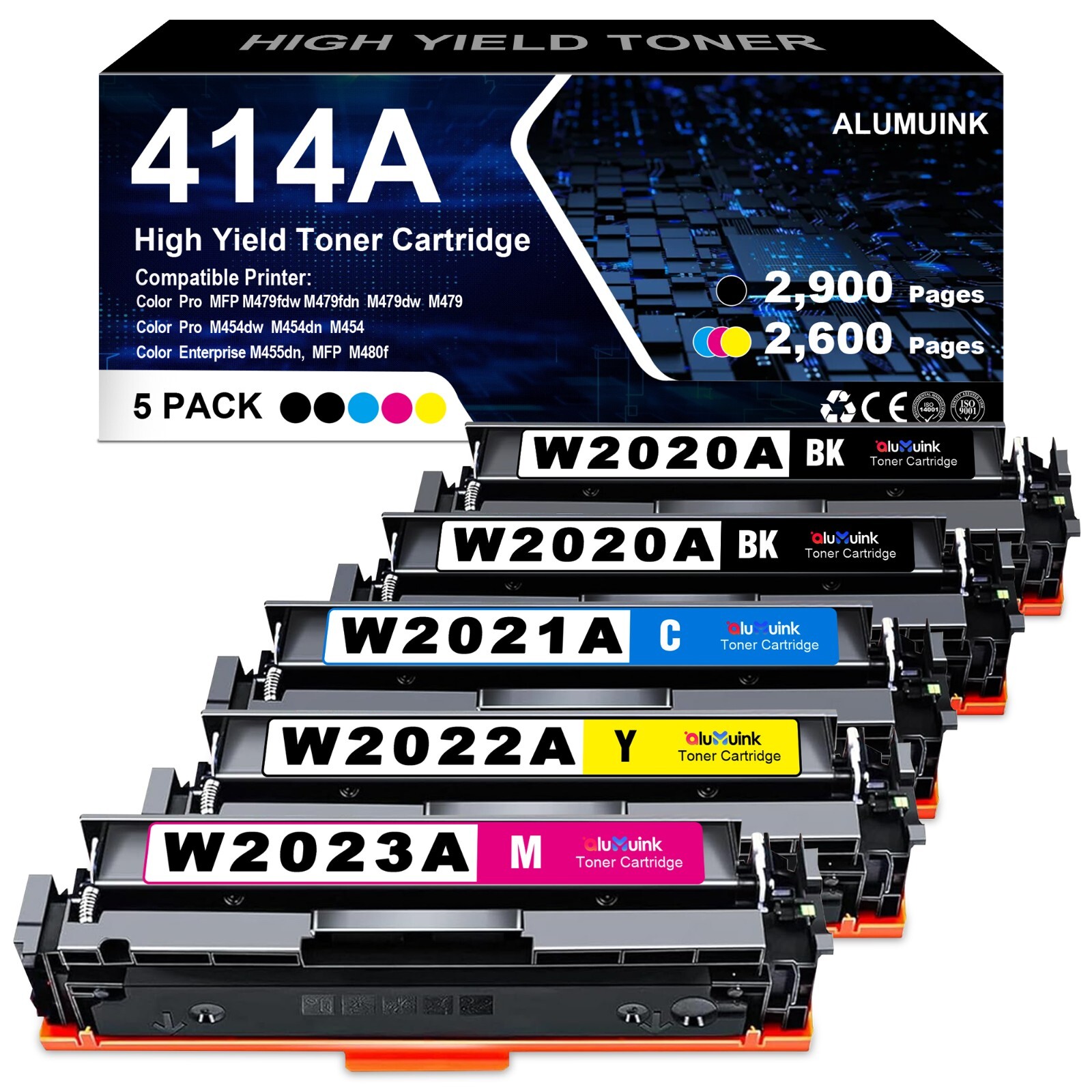 5PK Toner for HP 414A W2020A Color Laserjet Pro MFP M479fdn M479dw with Chip 