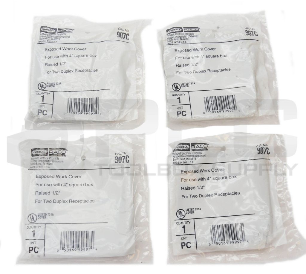 LOT OF 4 NEW HUBBELL RACO 907C TWO DUPLEX RECEPTACLE COVER 4" BOX 1/2" RAISED