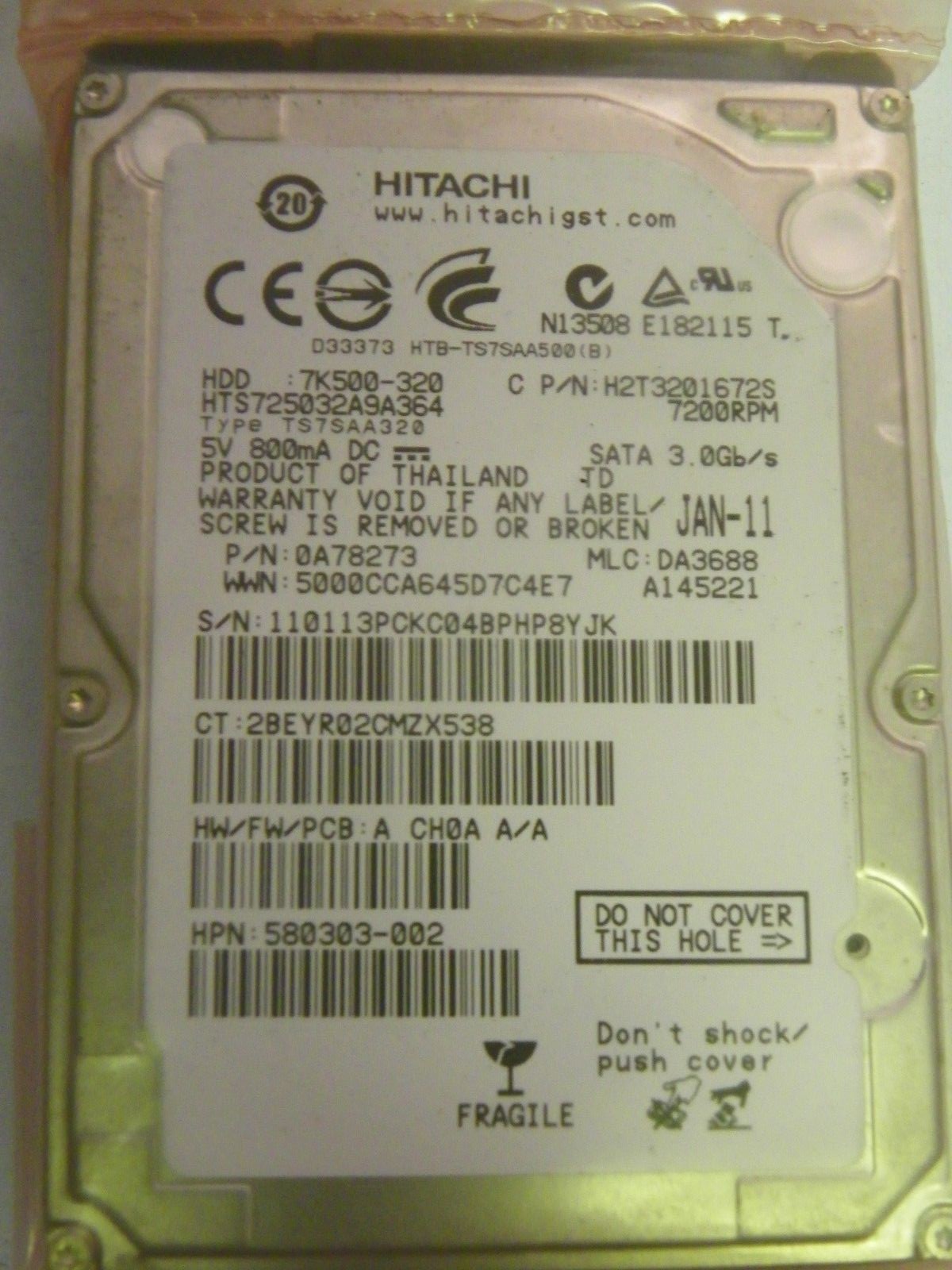 Hitachi HTS725032A9A364 P/N:0A78273 MLC:DA3688 FW:A CH0A A/A 320GB 2.5" SATA HDD