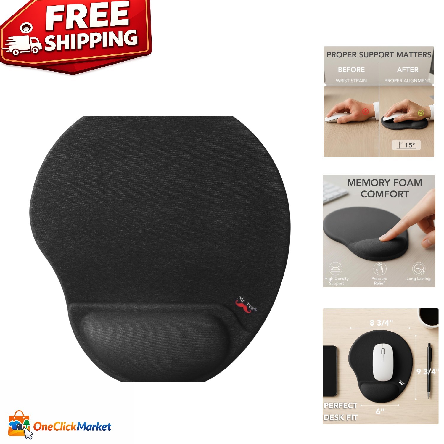 Sleek Black Ergonomic Mouse Pad with Gel-Filled Wrist Rest for Home & Office