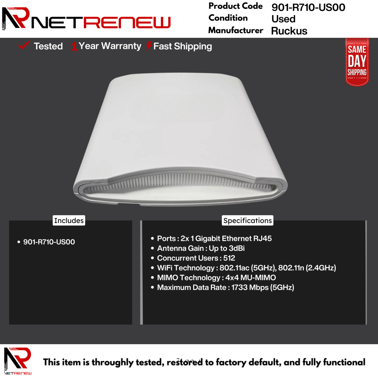 Ruckus ZoneFlex 901-R710-US00 R710 Dual-Band Wireless Access Point Item Only