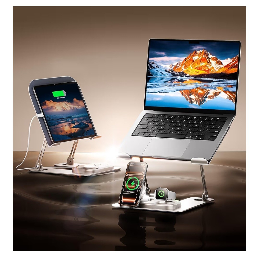GUSGU GLS5 Aluminum Laptop Stand with QI2 3-in-1 Wireless Charger, Ergonomic Adj