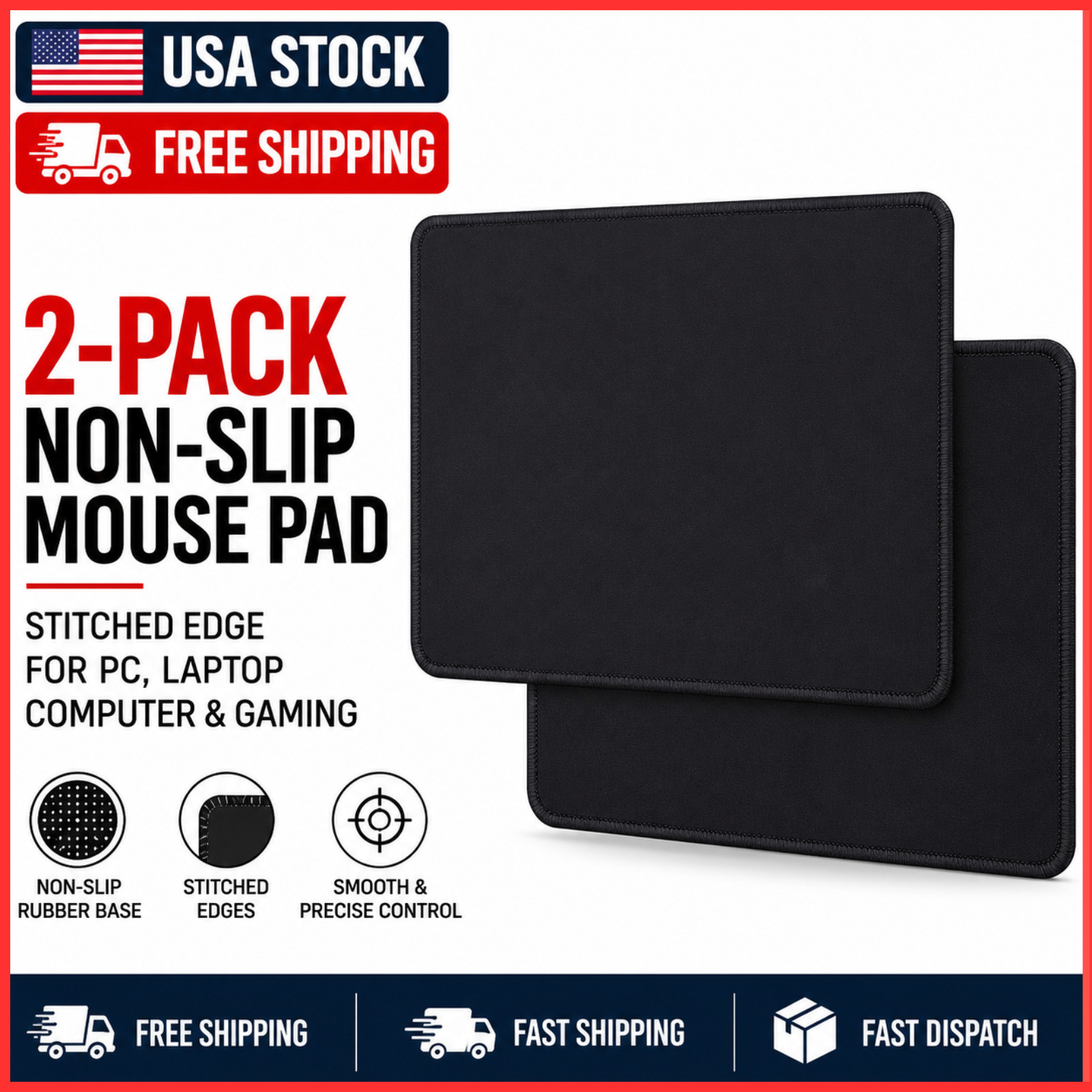 2-Pack Non-Slip Mouse Pad Stitched Edge PC Laptop For Computer PC Gaming Rubber 