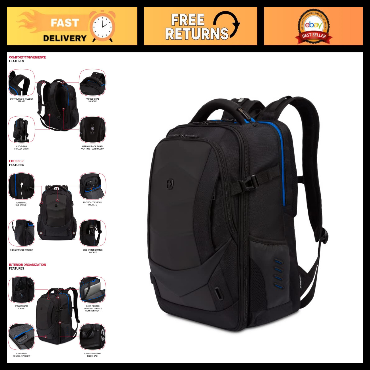 Gaming Laptop Backpack with USB Charger Port, Blue/Black, Durable & Stylish Desi