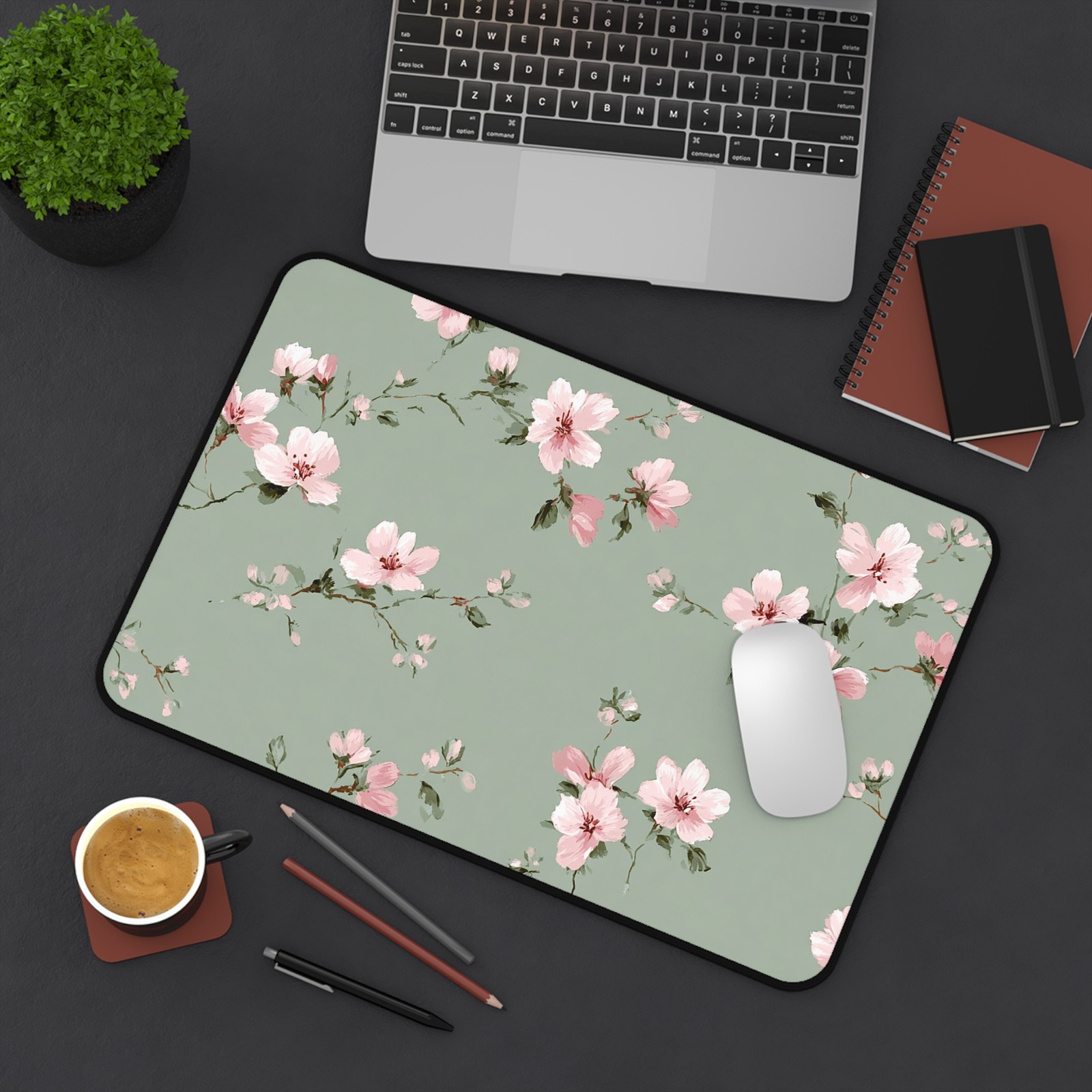 Pink Cherry Blossom Desk Mat | Floral Green Mouse Pad