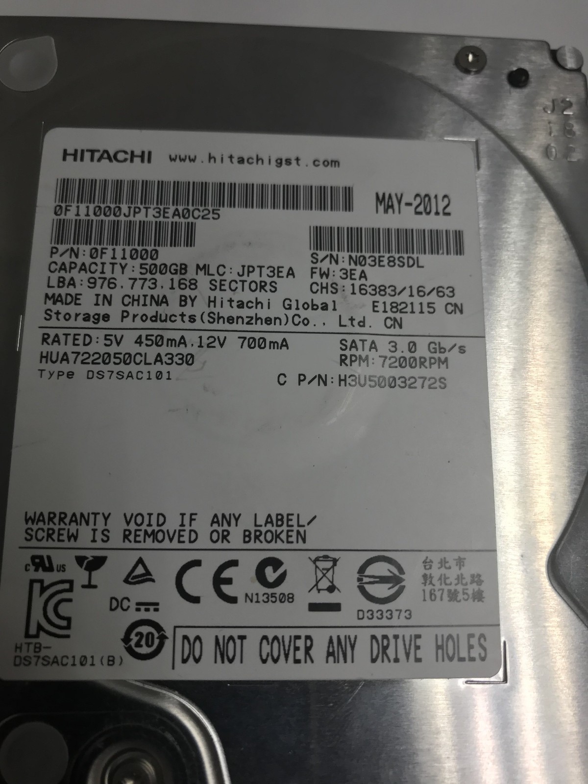 HITACHI HUA722050CLA330 500GB SATA HARD DRIVE P/N: 0F11000 MLC: JPT3EA FW: 3EA