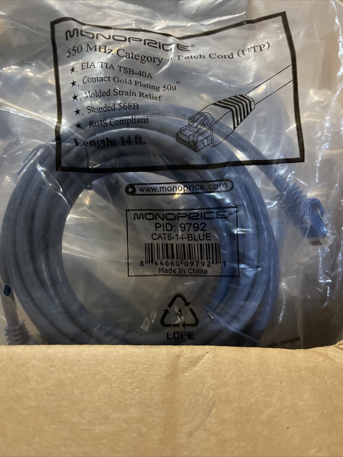MONOPRICE 9792 Patch Cord,Cat 6,Flexboot,Blue,14 ft. Lot Of 10