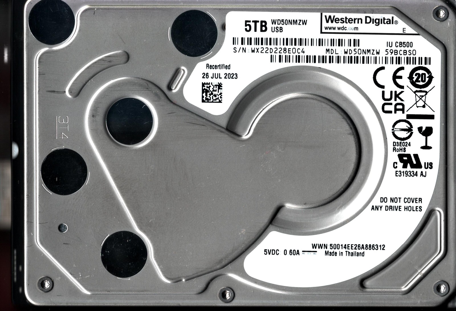 WD50NMZW-59BCBS0 S/N: WX22D WESTERN DIGITAL 5TB THAILAND JUL 2023